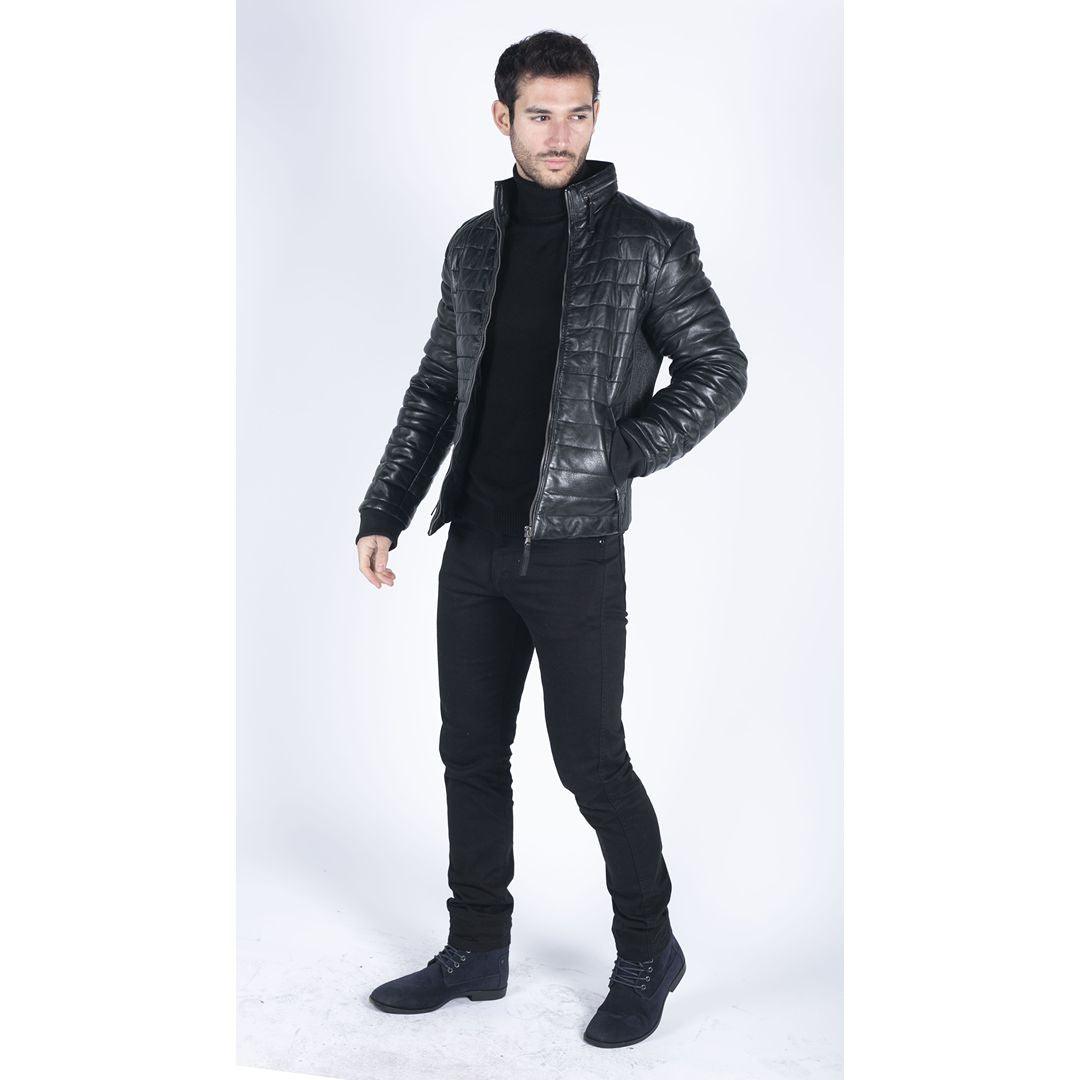 Mens Real Leather Genuine Quilted Puffer Zipped Jacket Brown Black Casual - Knighthood Store