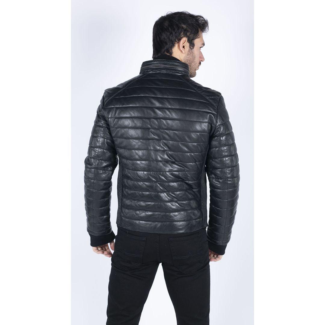 Mens Real Leather Genuine Quilted Puffer Zipped Jacket Brown Black Casual - Knighthood Store