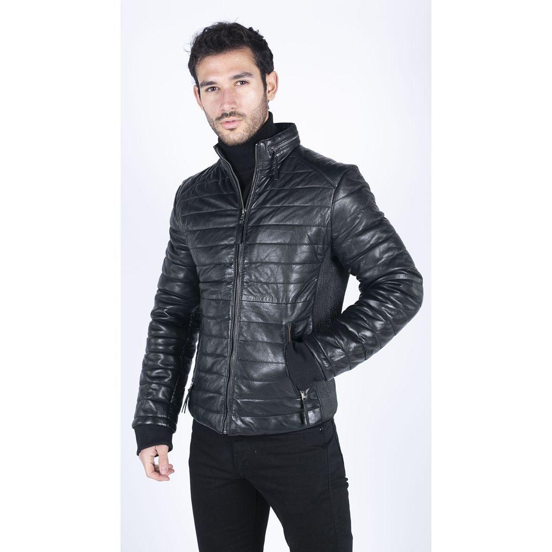 Mens Real Leather Genuine Quilted Puffer Zipped Jacket Brown Black Casual - Knighthood Store