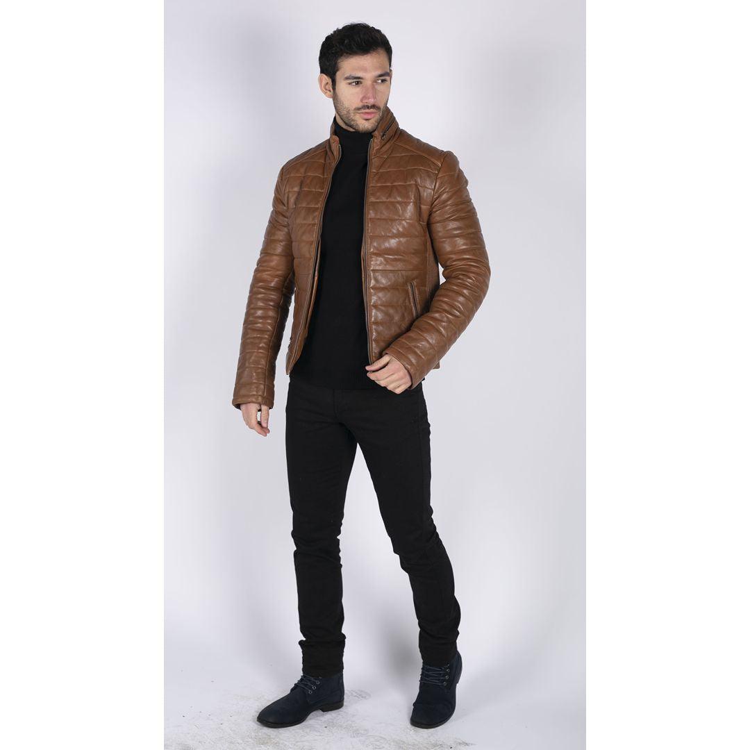 Mens Real Leather Genuine Quilted Puffer Zipped Jacket Brown Black Casual - Knighthood Store