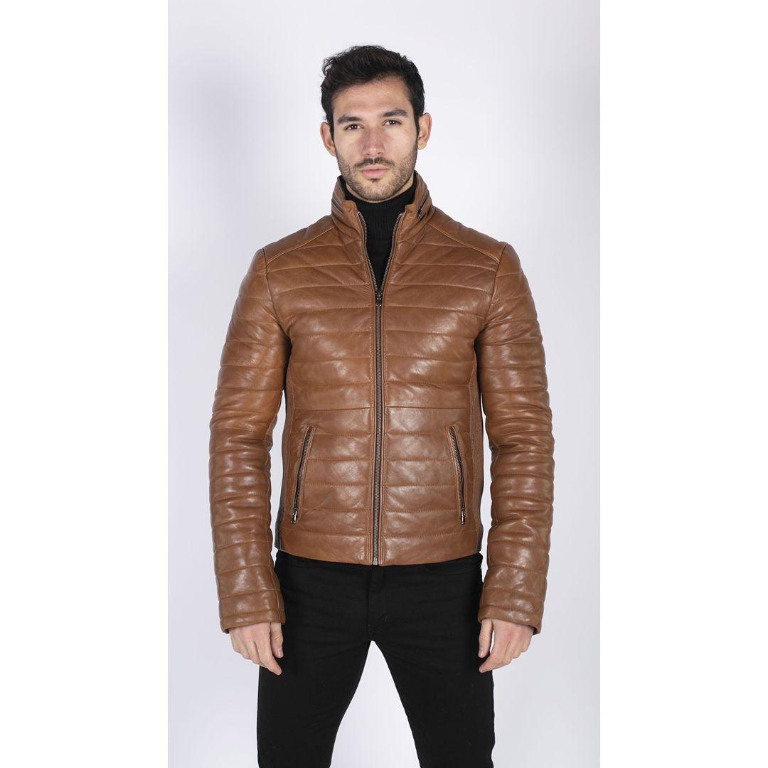 Mens Real Leather Genuine Quilted Puffer Zipped Jacket Brown Black Casual - Knighthood Store