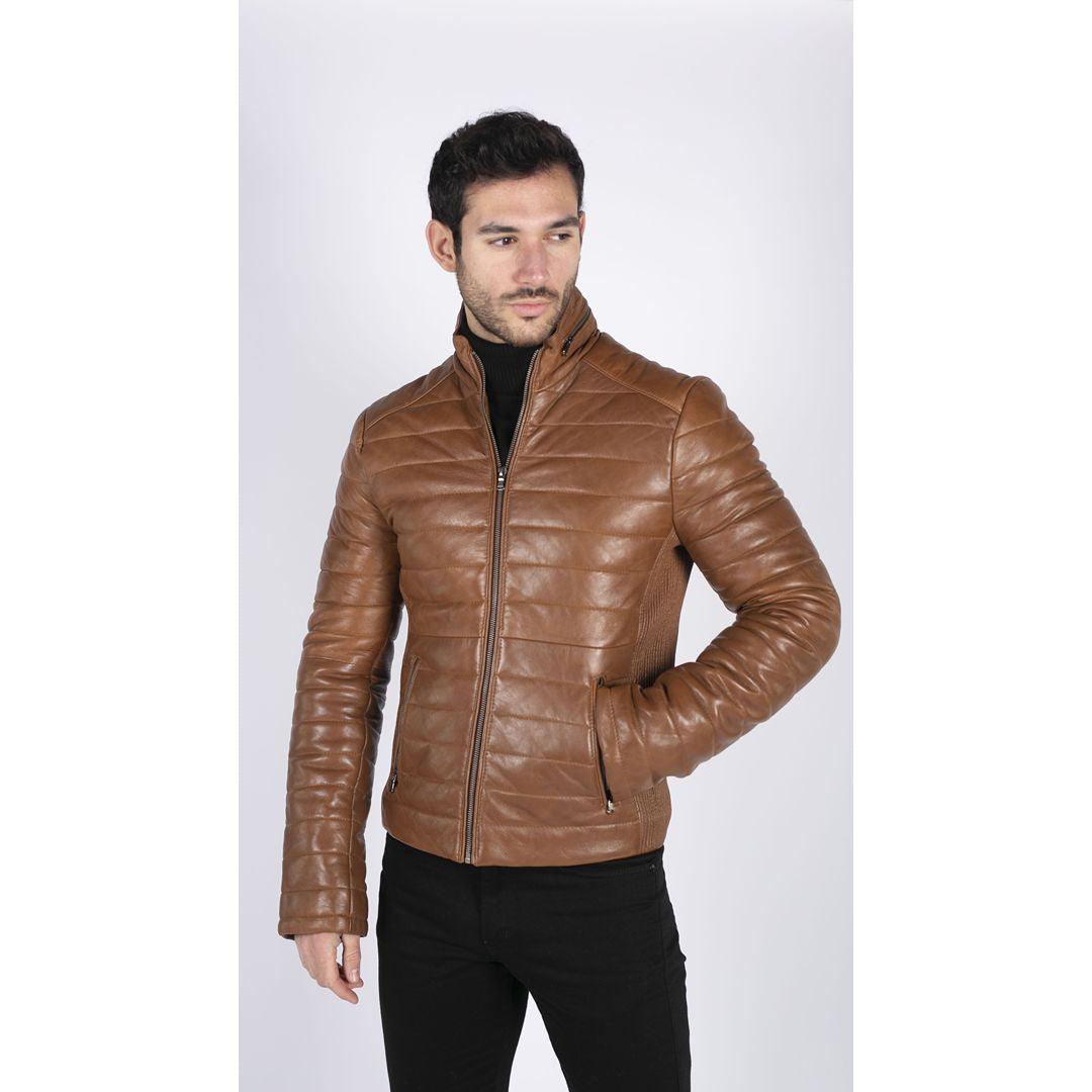 Mens Real Leather Genuine Quilted Puffer Zipped Jacket Brown Black Casual - Knighthood Store