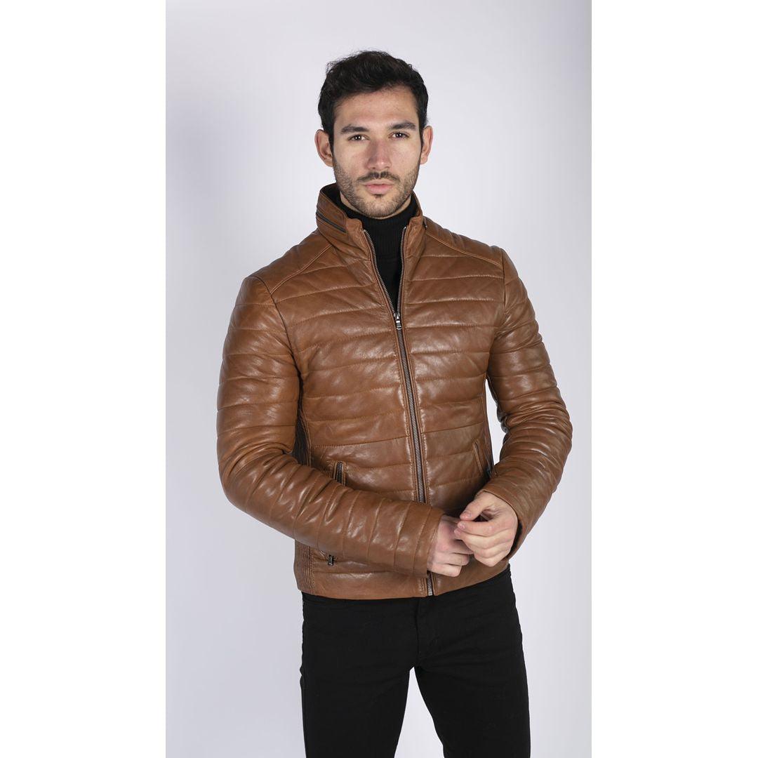 Mens Real Leather Genuine Quilted Puffer Zipped Jacket Brown Black Casual - Knighthood Store