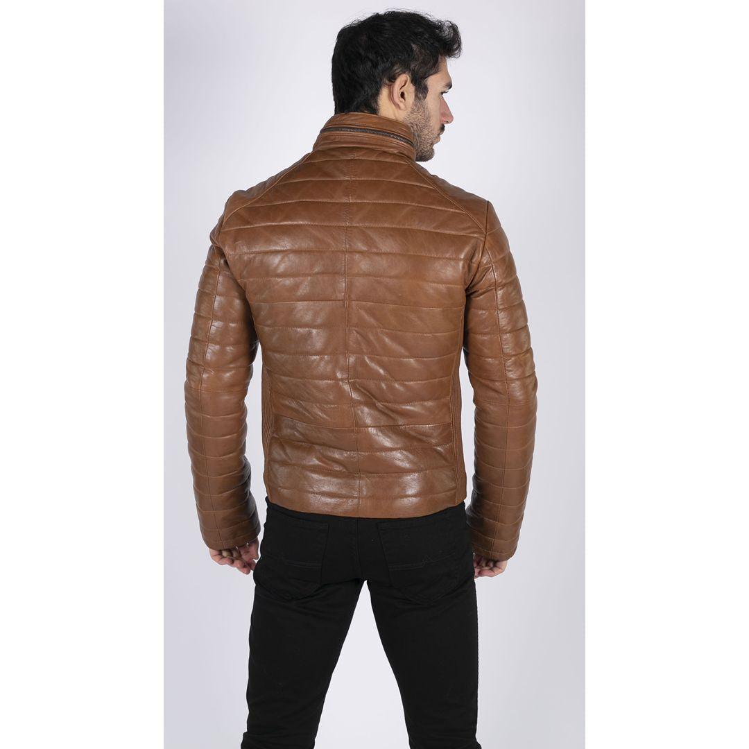 Mens Real Leather Genuine Quilted Puffer Zipped Jacket Brown Black Casual - Knighthood Store