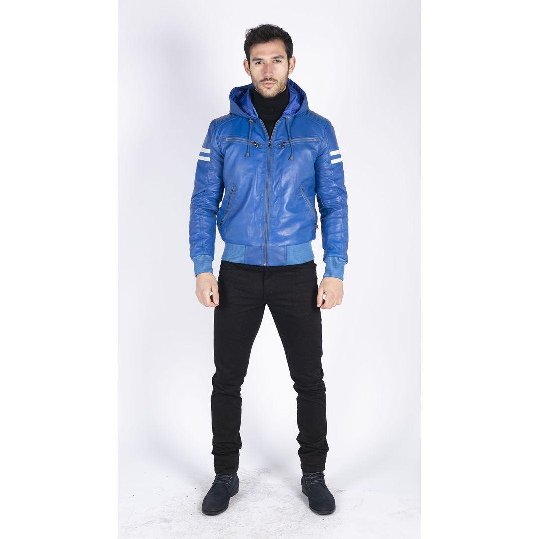 Mens Blue Black Hood Real Leather Bomber Jacket Red Stripes Quilted Slim Fit Casual - Knighthood Store