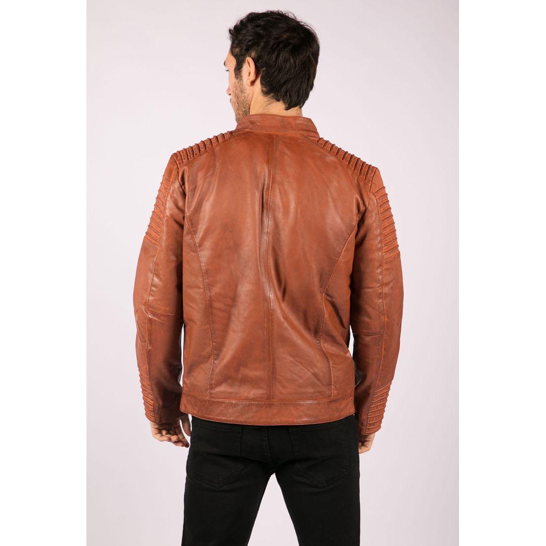 Mens Slim Fit Tan Brown Washed Vintage Real Leather Jacket Zipped Casual - Knighthood Store