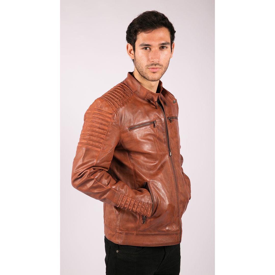 Mens Slim Fit Tan Brown Washed Vintage Real Leather Jacket Zipped Casual - Knighthood Store