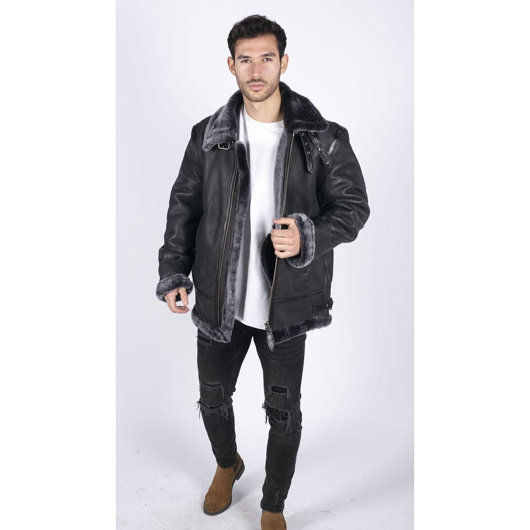 Mens Genuine Sheepskin Leather B3 Flying Aviator Jacket Black Grey Fur - Knighthood Store