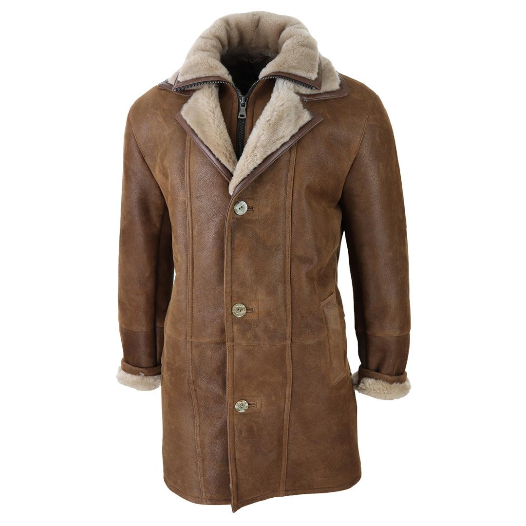 Mens 3/4 Duffle Jacket Real Sheepskin Long Smart Casual Button Zip Warm Coat - Knighthood Store