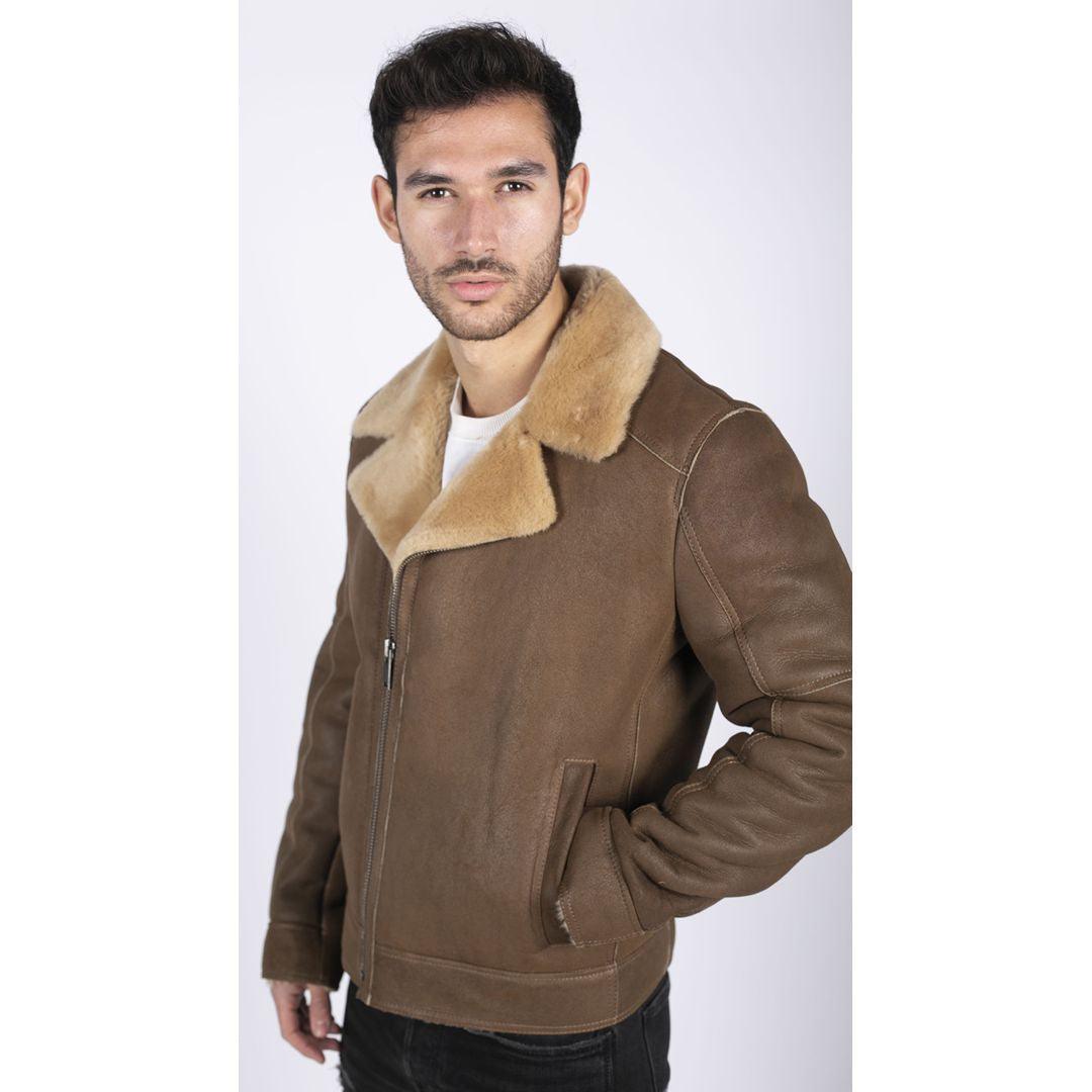 Mens Genuine Sheepskin Leather Cross Zip Flying Aviator Jacket Camel Brown Fur - Knighthood Store