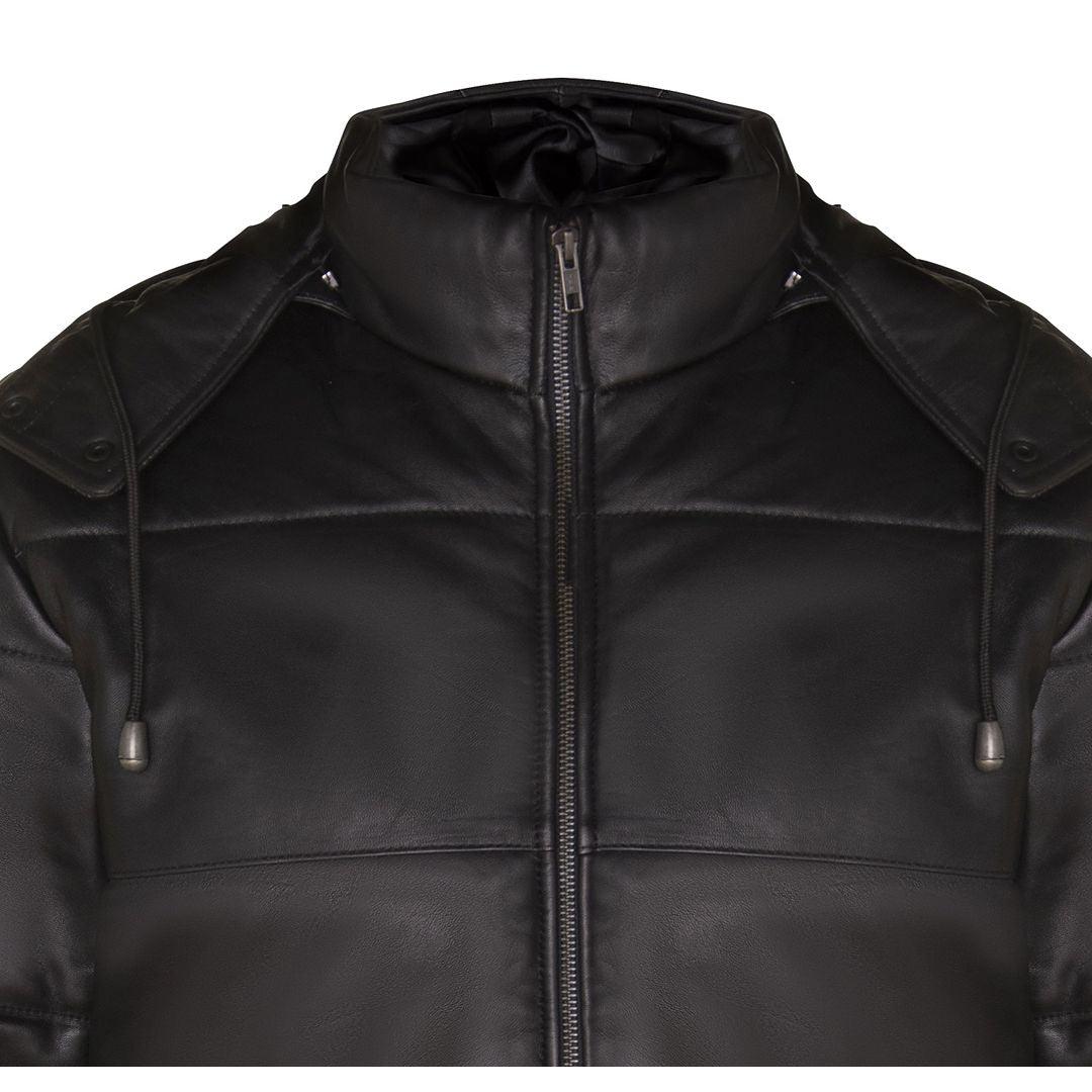 Mens Puffer Hood Jacket Real Leather Black Brown Casual Retro 80s Classic Casual - Knighthood Store