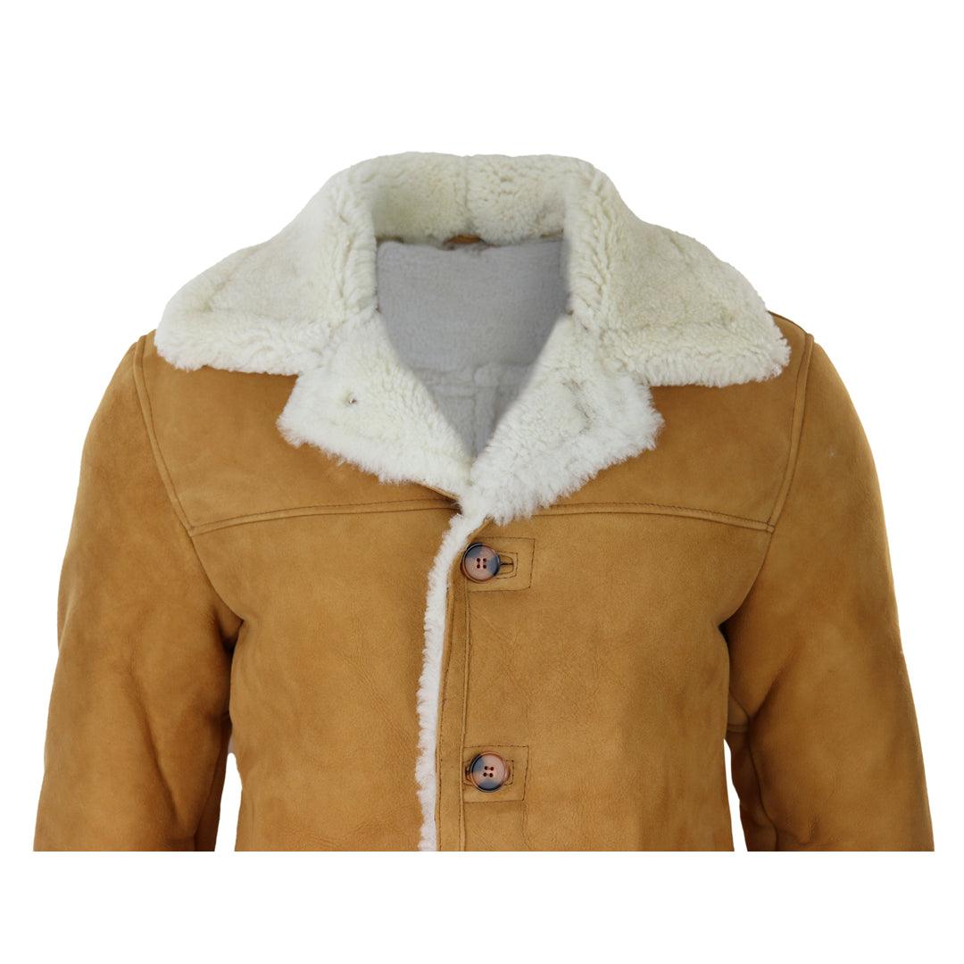 Mens 3/4 Genuine Sheepskin Coat Classic Tan Brown Camel Jacket Cream Fur - Knighthood Store
