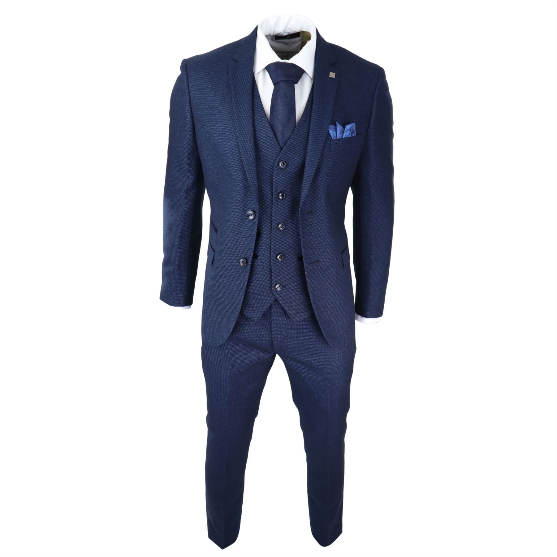 Mens Navy Blue 3 Piece Suit Birdseye Suit Wedding Prom Formal Smart Classic