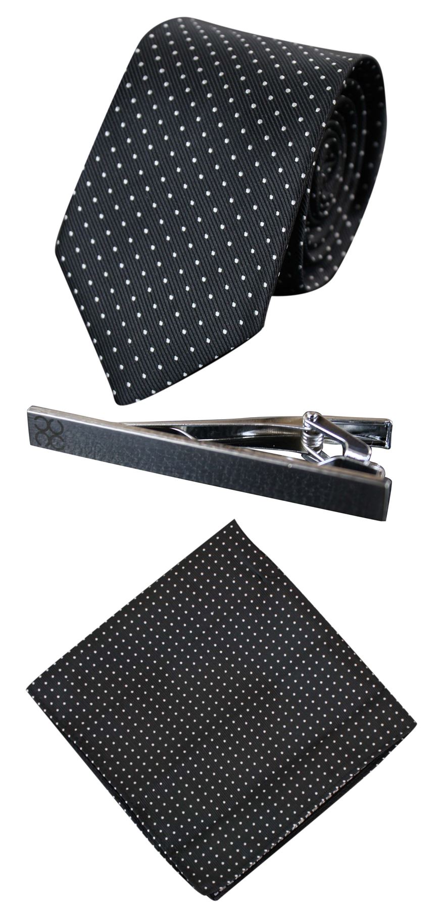 Mens Matching Satin Silk Tie Hanky Hankerchief & Tie Clip Polka Dot Wedding Prom Office