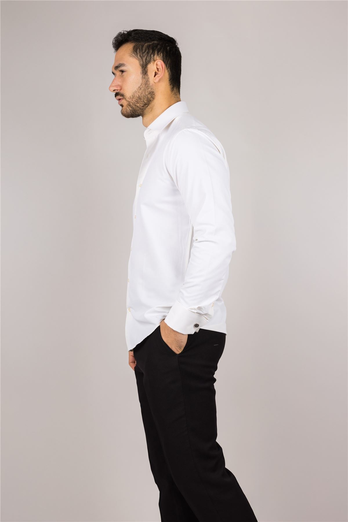 Men's Cream Long Sleeve Regular Fit Double Cuff Twill Oxford Shirt