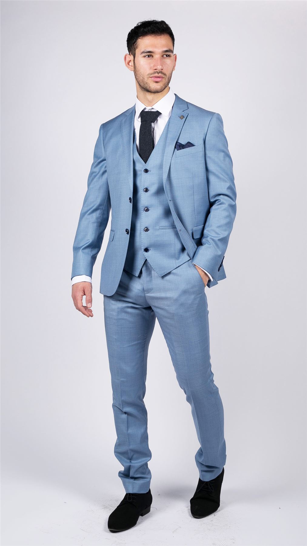 Mens Light Blue Sky 3 Piece Suit Classic Stitch Wedding Summer Prom Classic