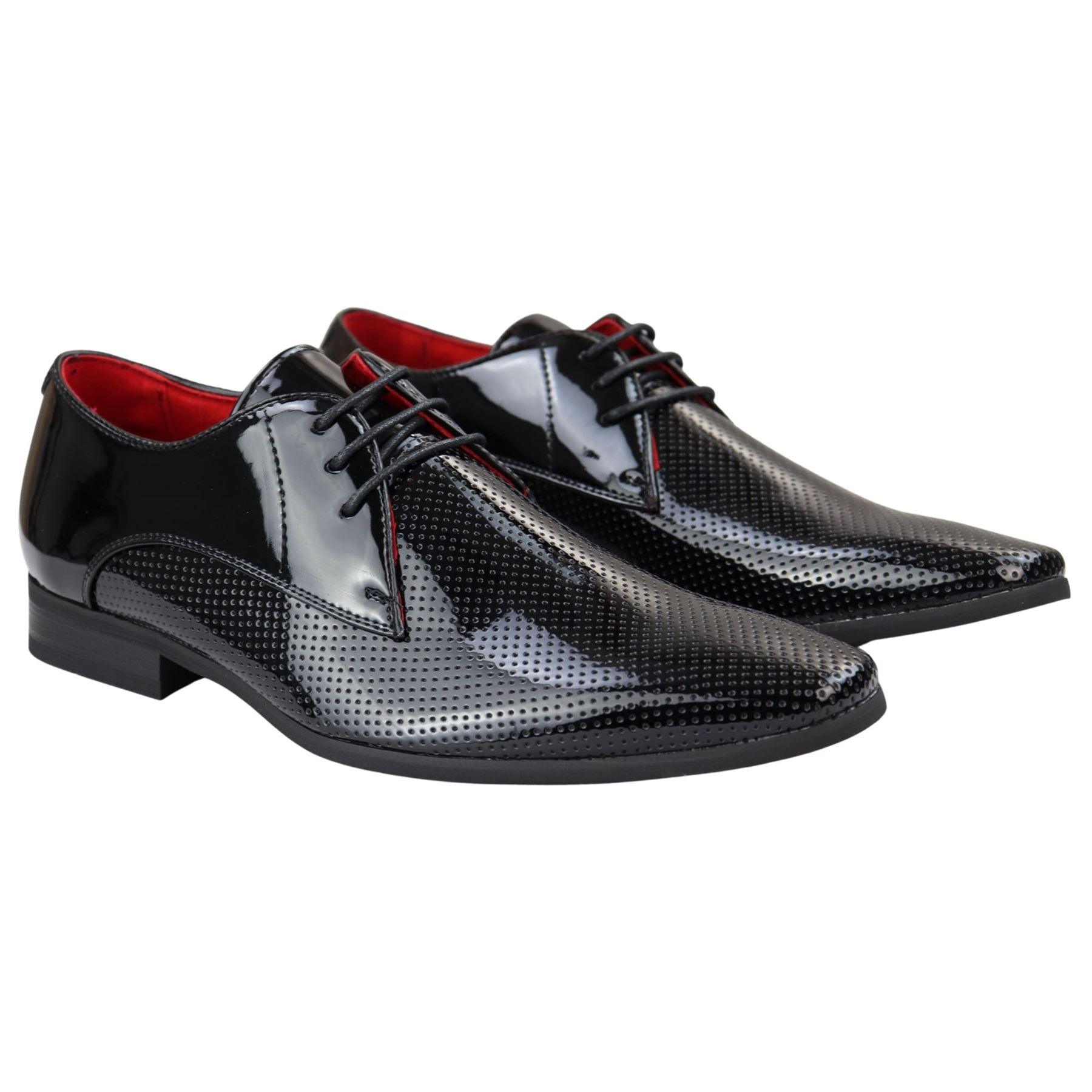 Mens Shoes Smart Formal Perforated Pointed Laced Black Red White Patent Leather PU - Knighthood Store