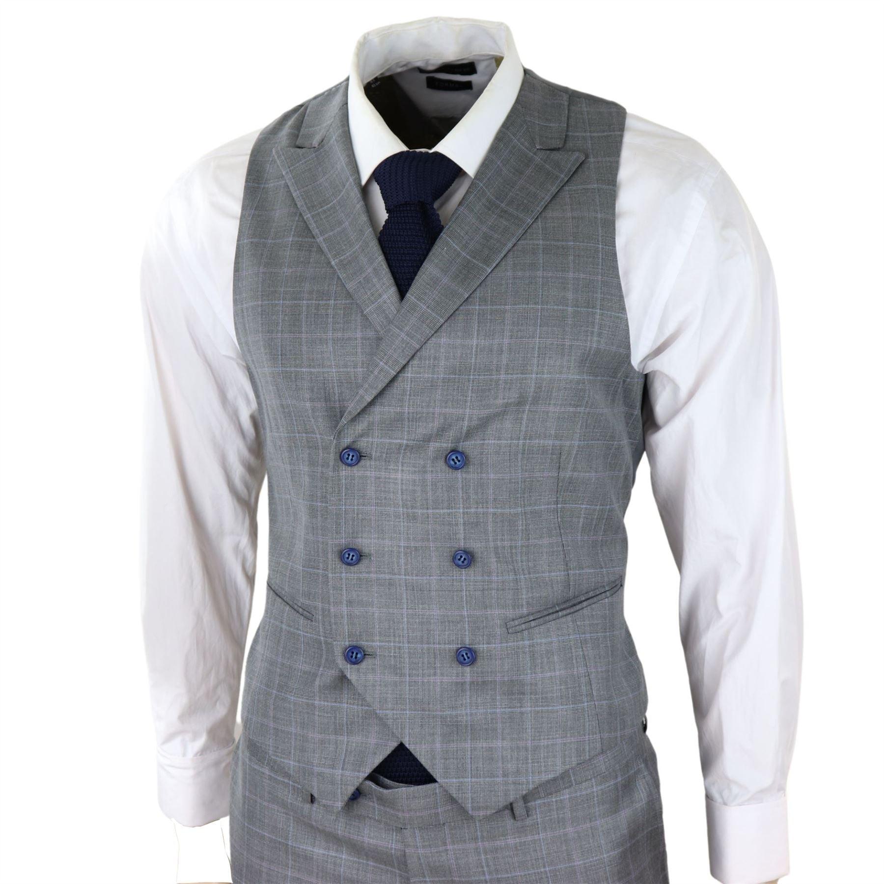 Mens Light Grey 3 Piece Suit Blue Check Double Breast Waistcoat Office Wedding Prom - Knighthood Store