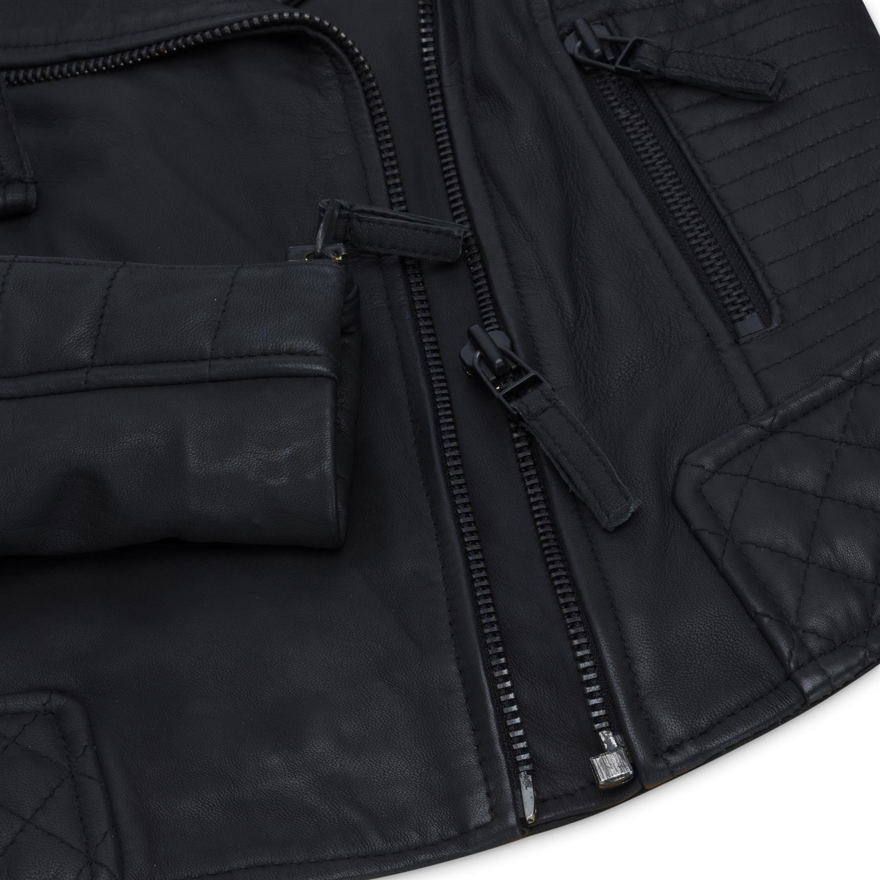 Womens Cross Zip Biker Leather Jacket Matt Black Stitch Design Slim Fit Vintage Retro - Knighthood Store