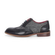 Albert - Men's Black Leather Tweed Detailing Brogue Shoes