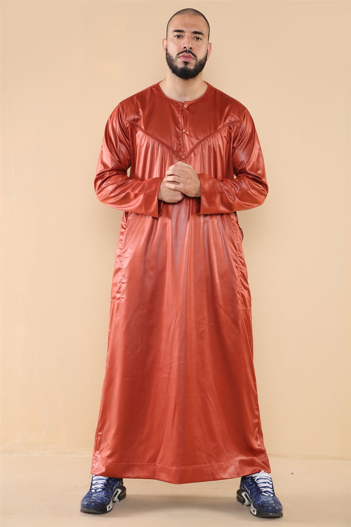 Mens Thobe Jubba Islamic Clothing Muslim Kaftan Emirati Omani Robe Satin Shiny
