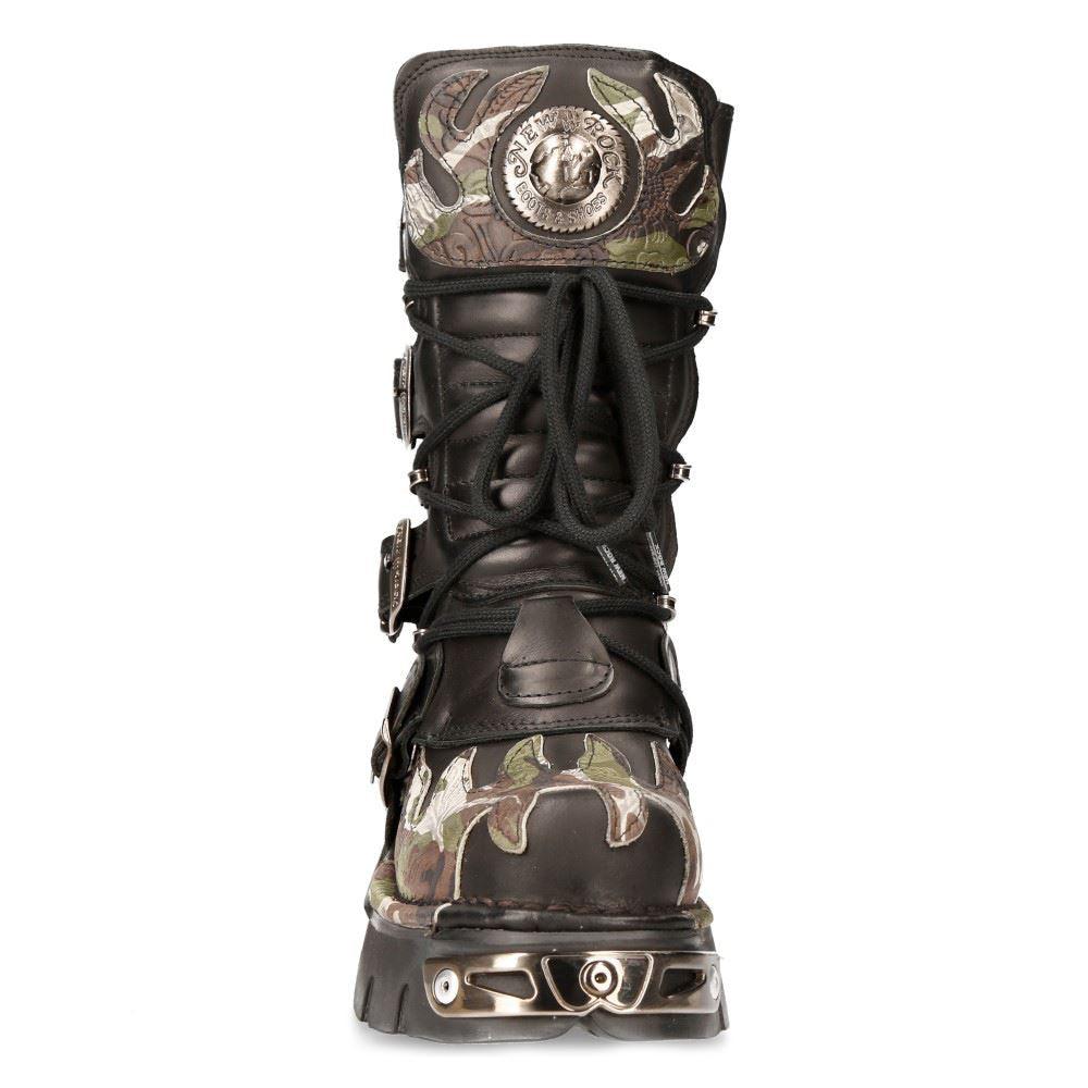 New Rock New Rock 591 S15 Camouflage Flame Metallic Black Leather Biker Goth Boot - Knighthood Store