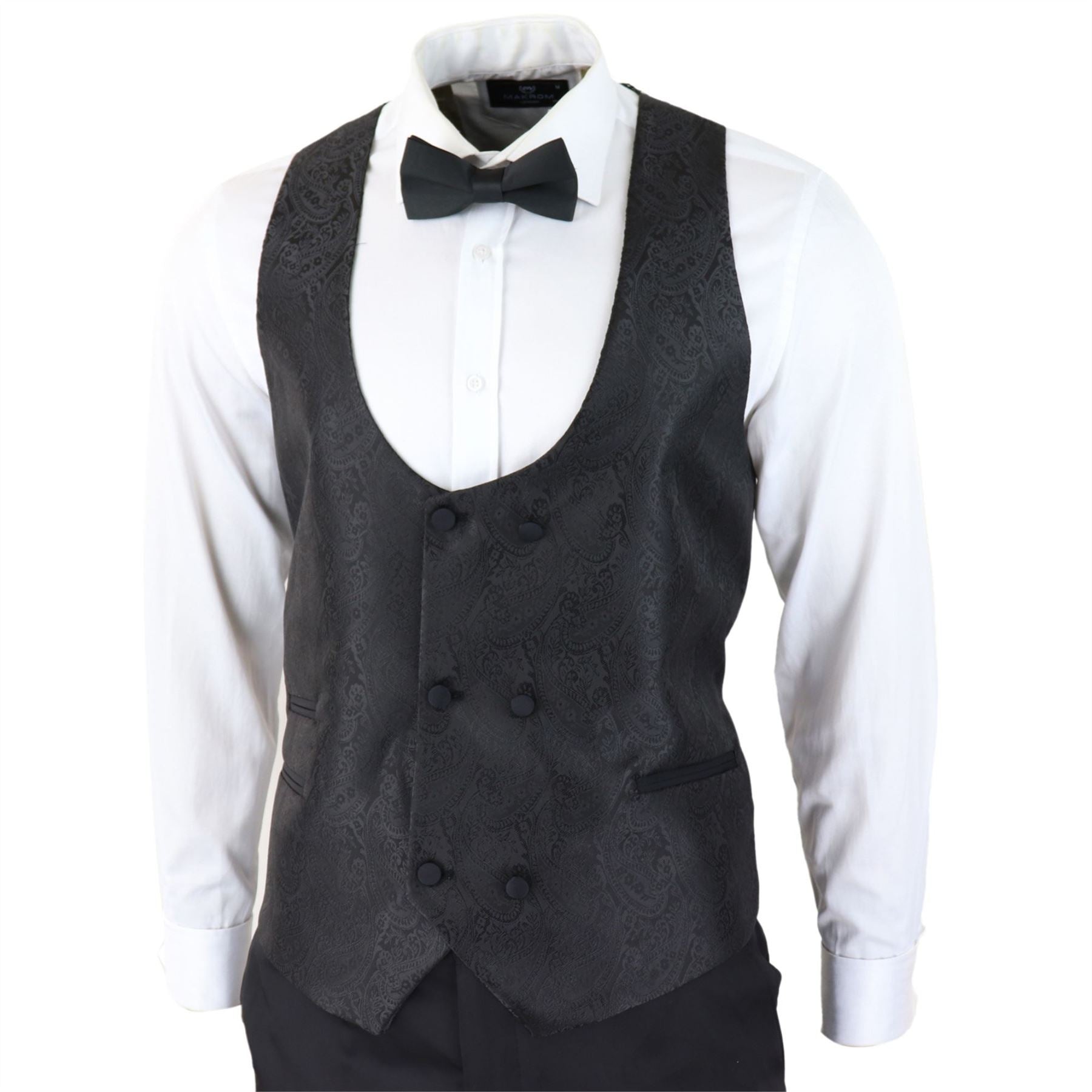 Mens Paisley Tuxedo Blazer And Waistcoat Brocade Dinner Jacket Satin Black Fit