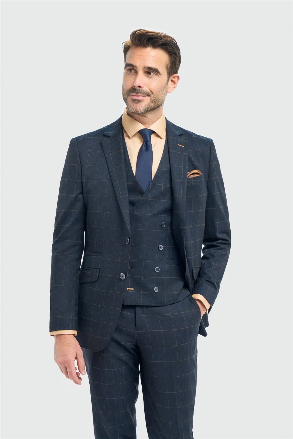 Men's Suit 3 Piece Tailored Fit Navy Check Formal Dress
