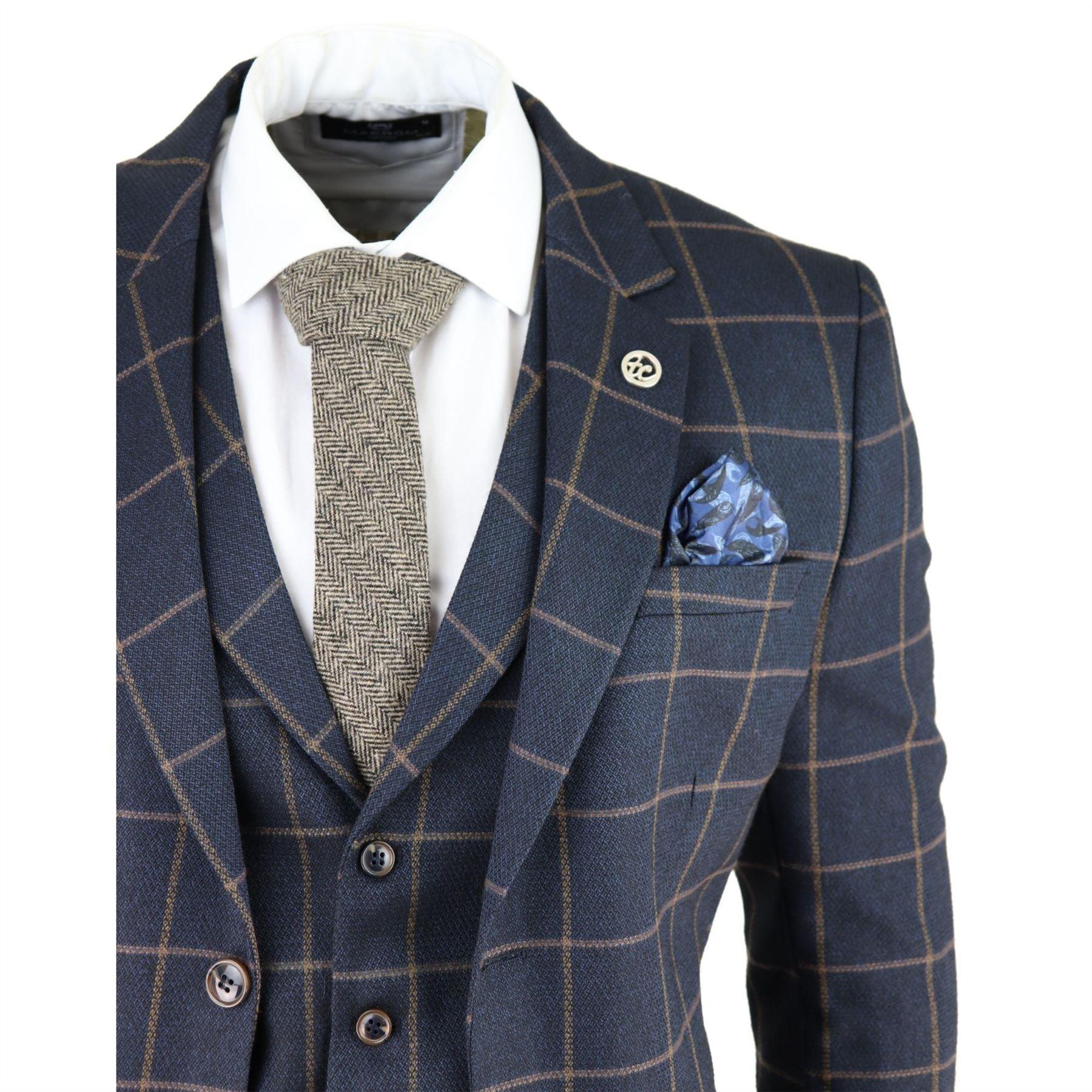 Mens Herringbone Tweed Navy Blue Check 3 Piece Wool Suit Tan - Knighthood Store