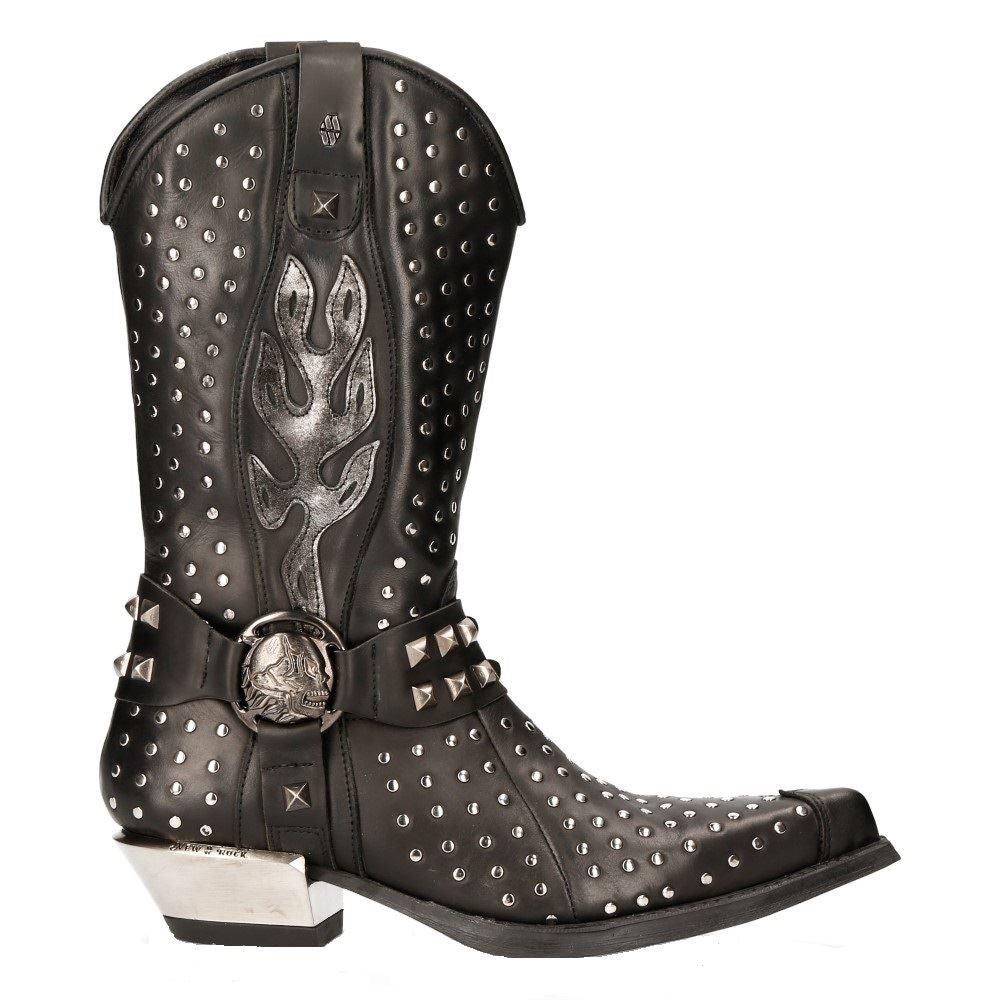 New Rock M-7928-s1 Western Cowboy Boots Black Leather Heavy Biker Silver Studs - Knighthood Store