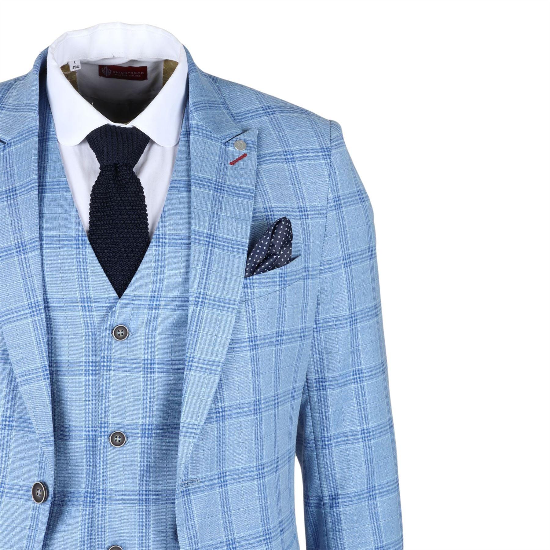 Men's Blazer Light Blue Checked Classic Sport Coat Plaid Tailored Fit - Knighthood Store