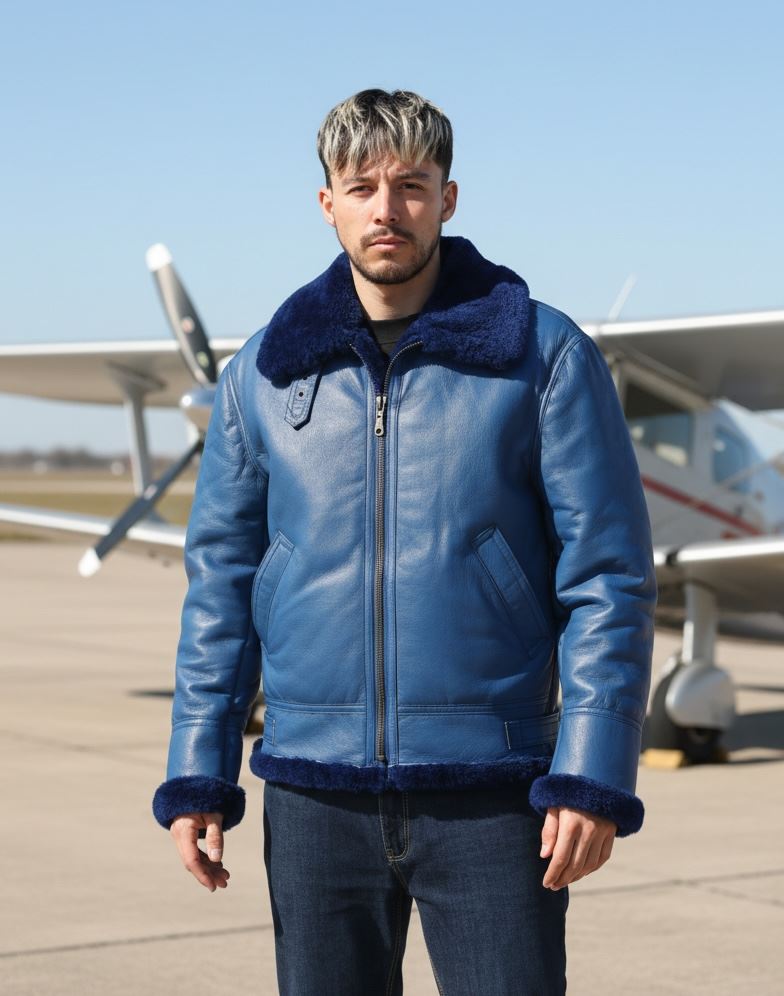 Men's Blue Shearling Leather B3 Aviator Jacket
