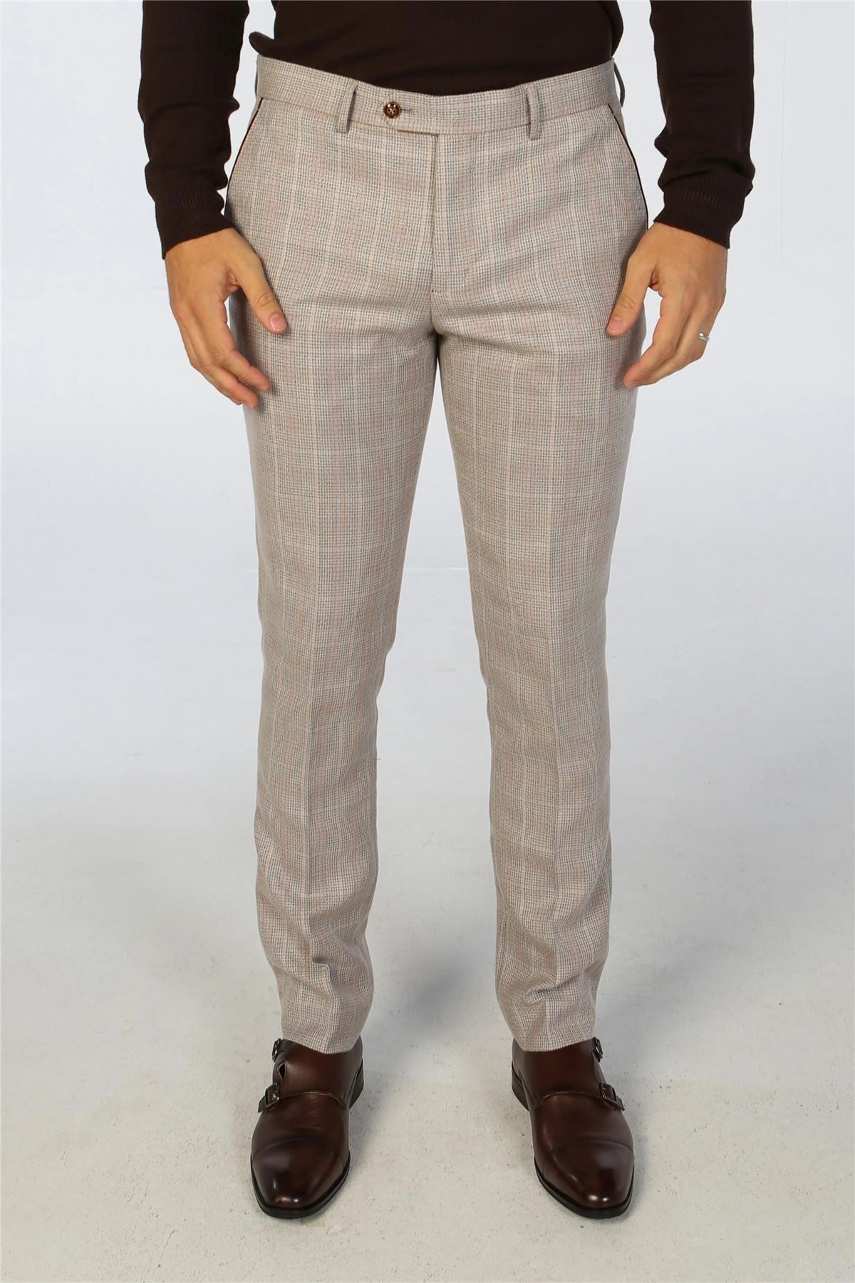 Men's Suit Beige 3 Piece Checked Tailored Fit Formal Dress