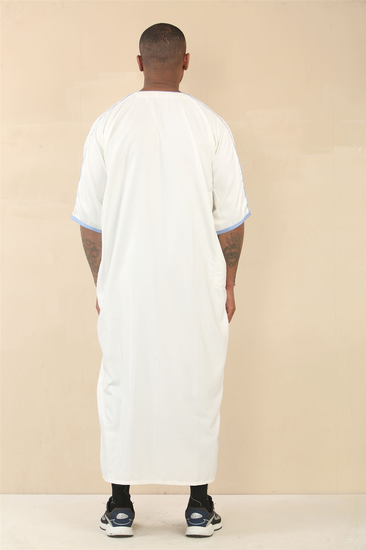 Men's Moroccan Thobe Gandoura Short Sleeve Jubba Kaftan Eid Robe Arab Embroidery