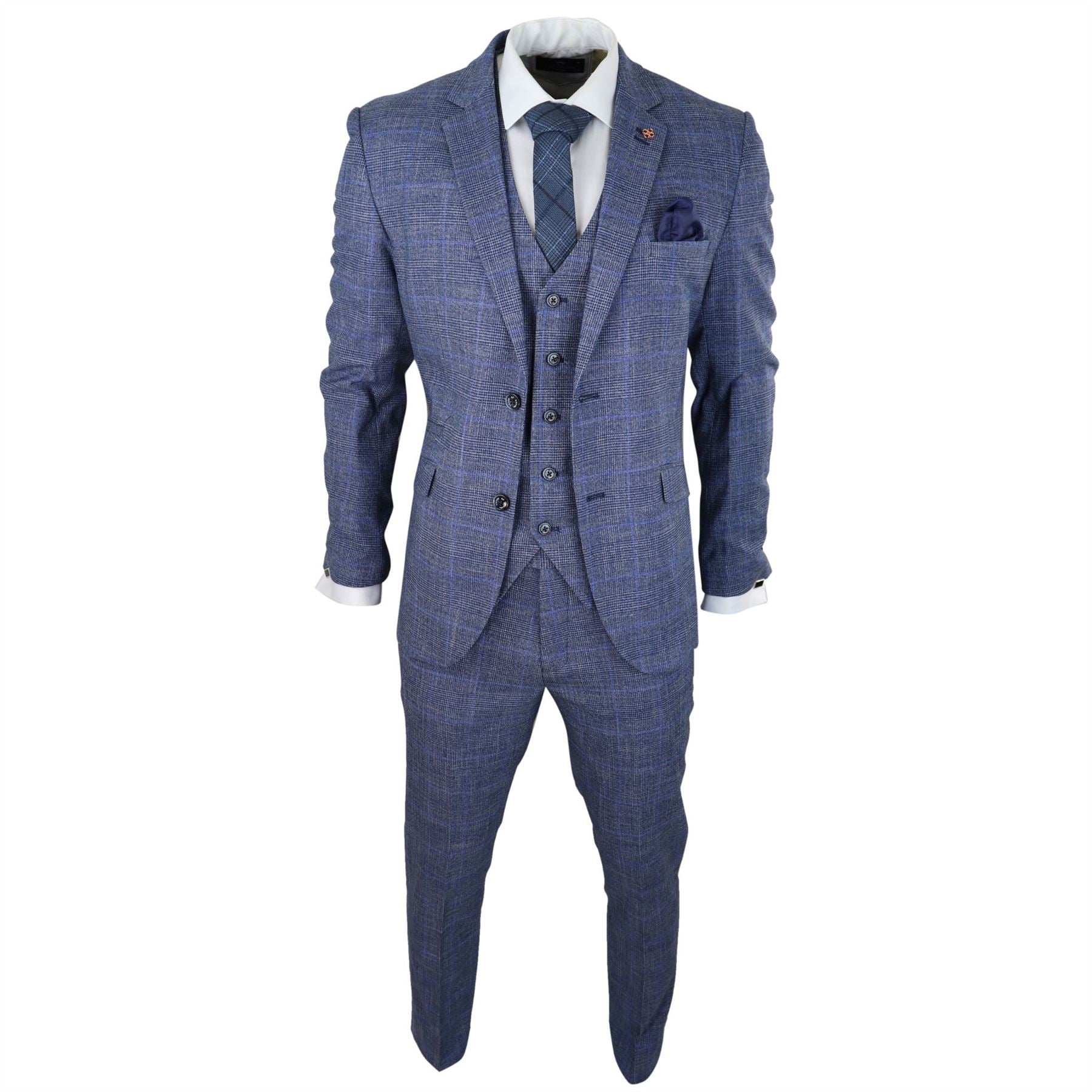 Mens 3 Piece Suit Blue Prince Of Wales Check Tailored Fit Summer Classic Vintage