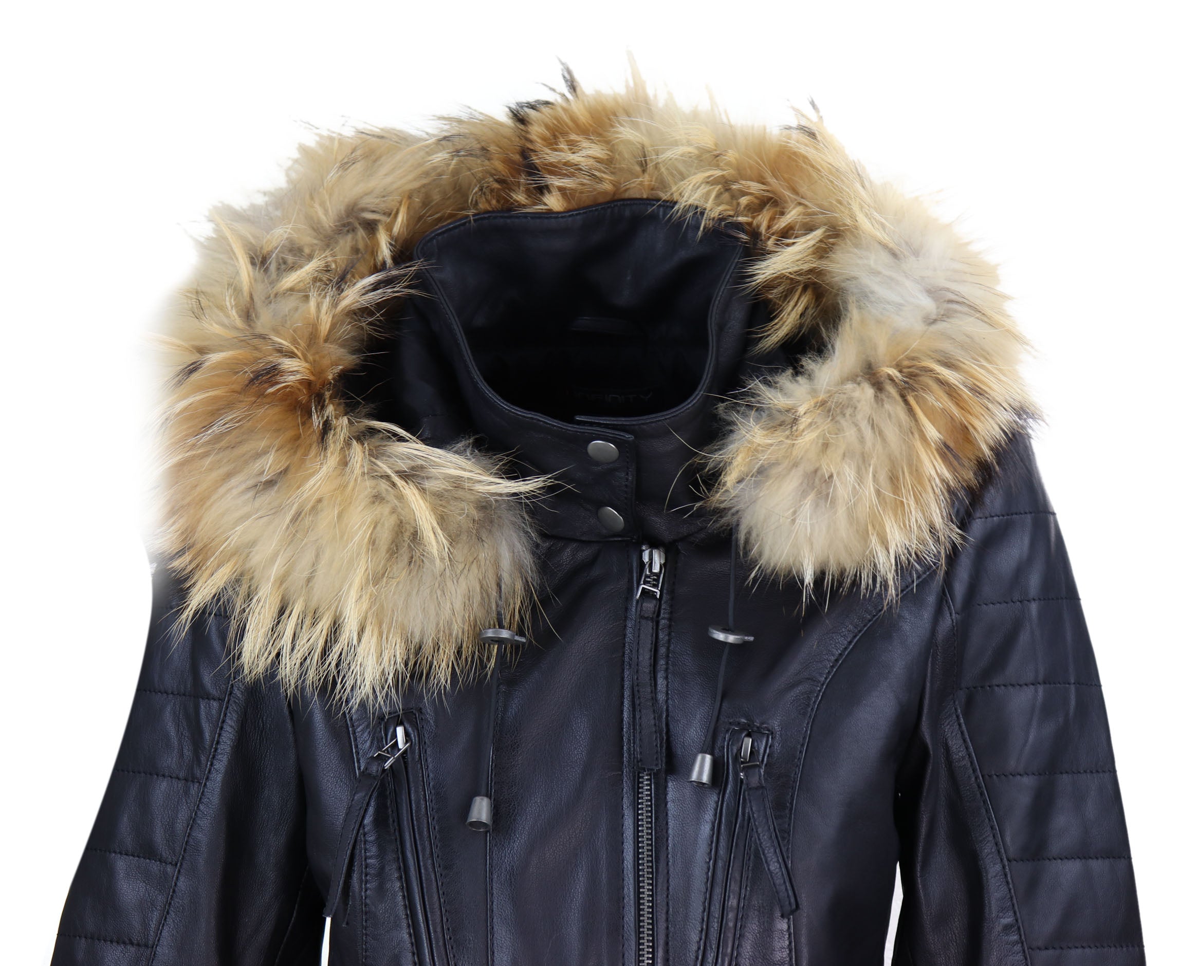 Womens Real Leather Parka Jacket 3/4 Fur Hood Zipped Brown Tan Grey Tailored Fit