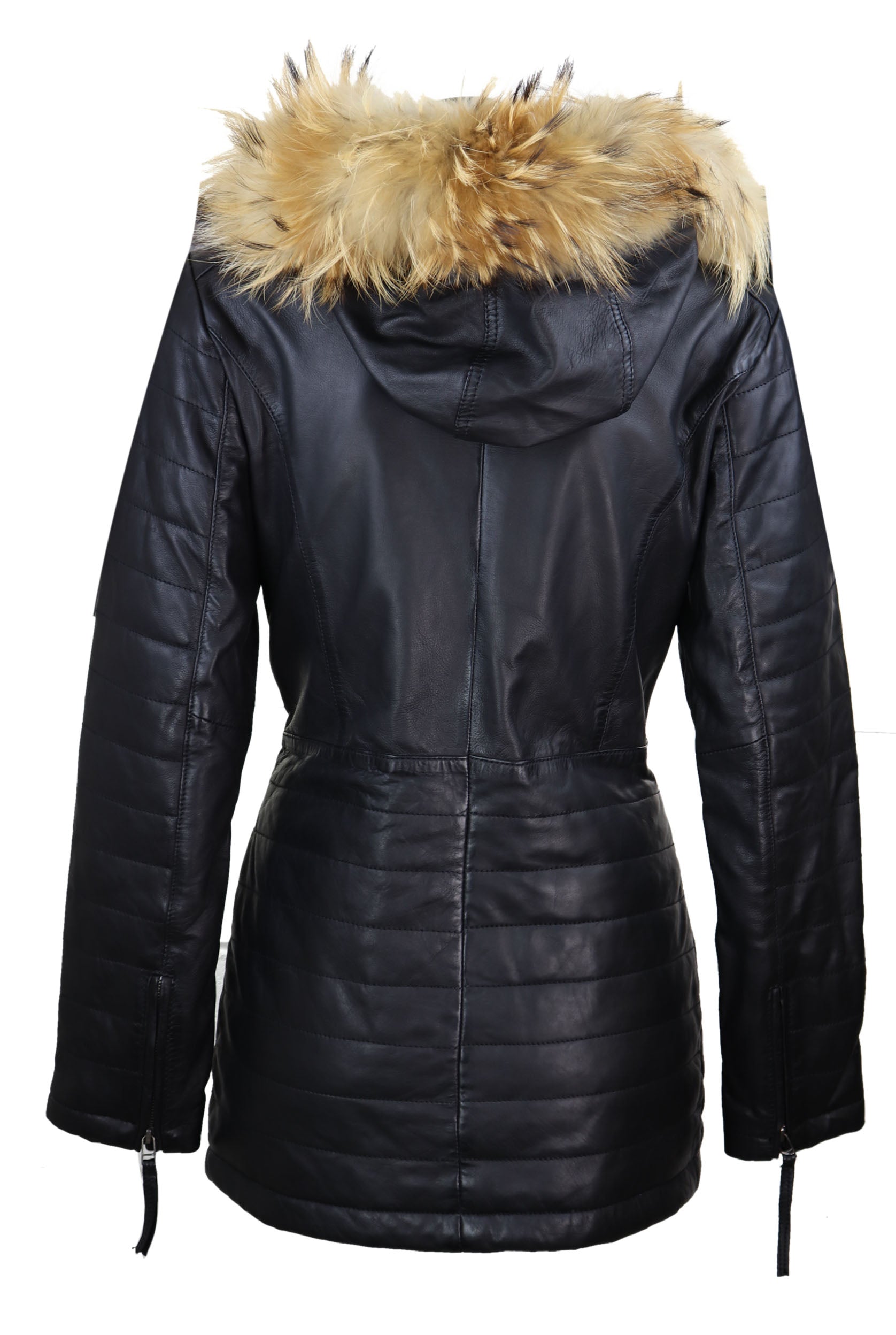 Womens Real Leather Parka Jacket 3/4 Fur Hood Zipped Brown Tan Grey Tailored Fit