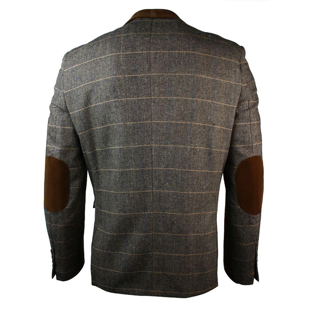 Mens Check Vintage Herringbone Tweed Tan Brown Blazer Jacket Fitted - Knighthood Store