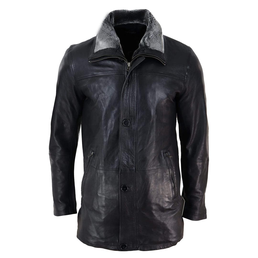 Mens 3/4 Long Real Leather Safari Jacket Classic Car Coat Zip Button Cover - Knighthood Store