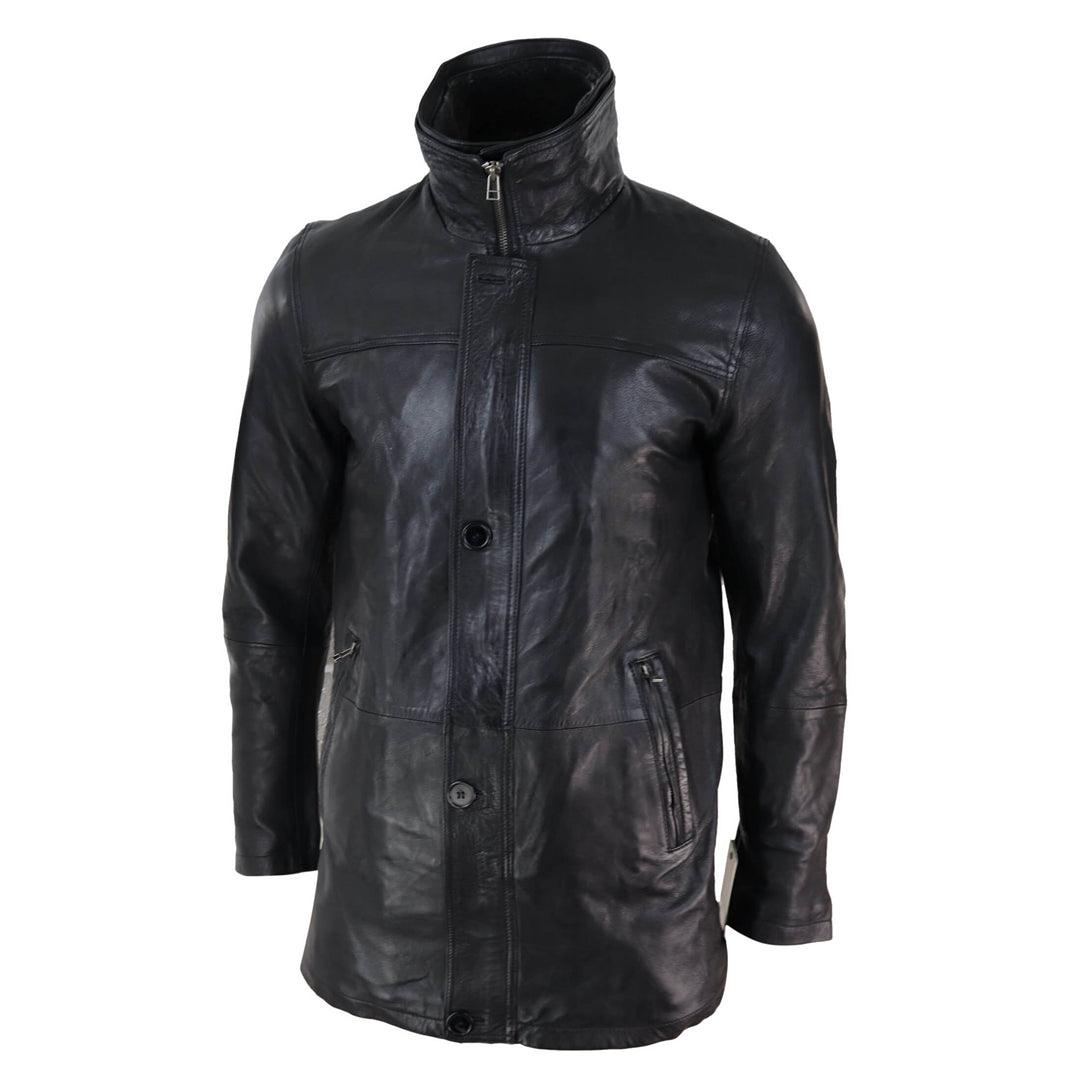 Mens 3/4 Long Real Leather Safari Jacket Classic Car Coat Zip Button Cover - Knighthood Store