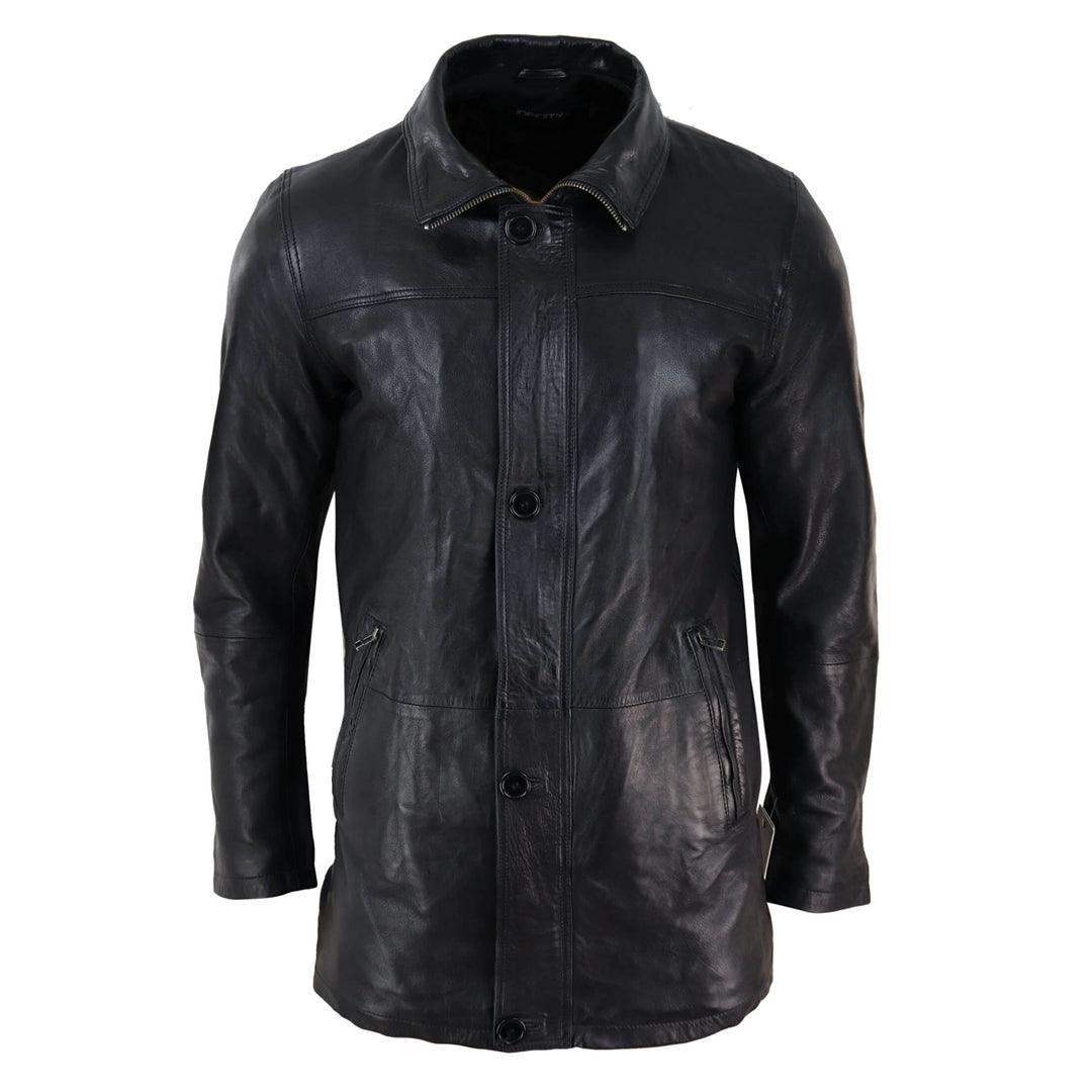 Mens 3/4 Long Real Leather Safari Jacket Classic Car Coat Zip Button Cover - Knighthood Store