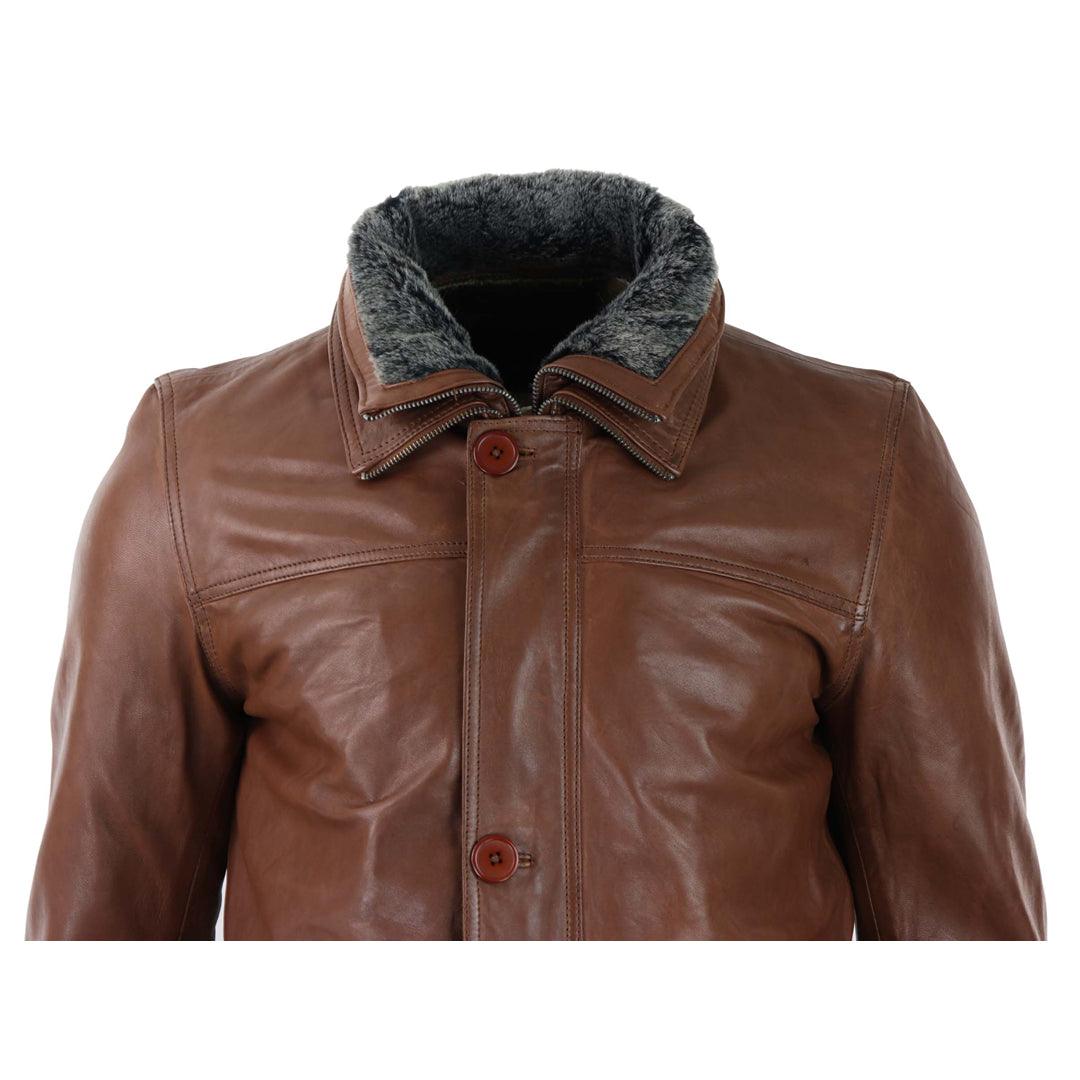 Mens 3/4 Long Real Leather Safari Jacket Classic Car Coat Zip Button Cover - Knighthood Store