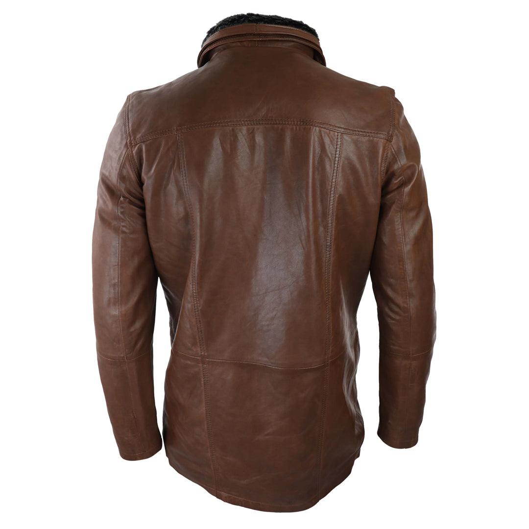 Mens 3/4 Long Real Leather Safari Jacket Classic Car Coat Zip Button Cover - Knighthood Store