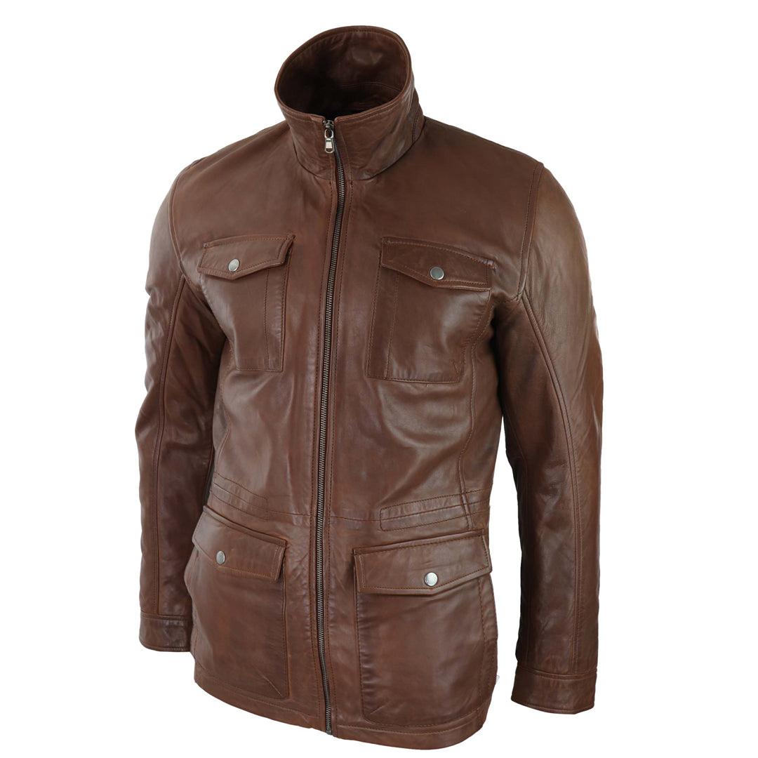 Mens Tan Brown 3/4 Jacket Real Leather Safari Hunting Country Coat Classic - Knighthood Store