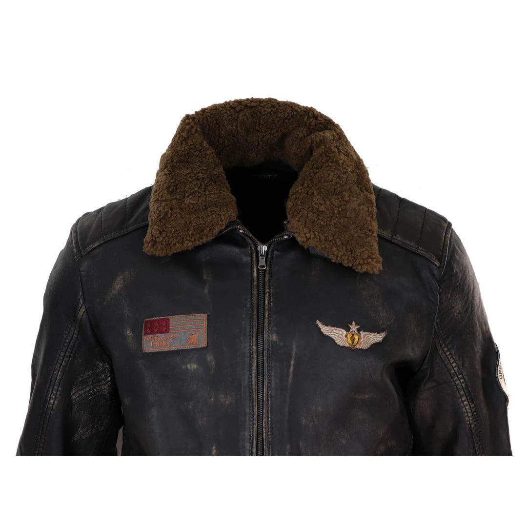 Mens Vintage Black Brown Zip Flying Aviator Jacket Fur Collar Badge Pilot Retro - Knighthood Store