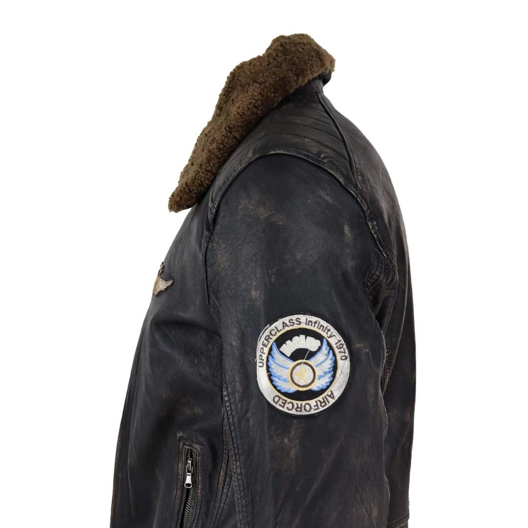 Mens Vintage Black Brown Zip Flying Aviator Jacket Fur Collar Badge Pilot Retro - Knighthood Store