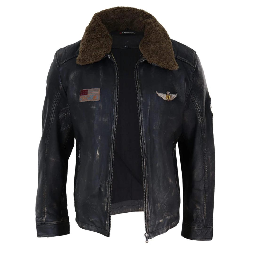 Mens Vintage Black Brown Zip Flying Aviator Jacket Fur Collar Badge Pilot Retro - Knighthood Store