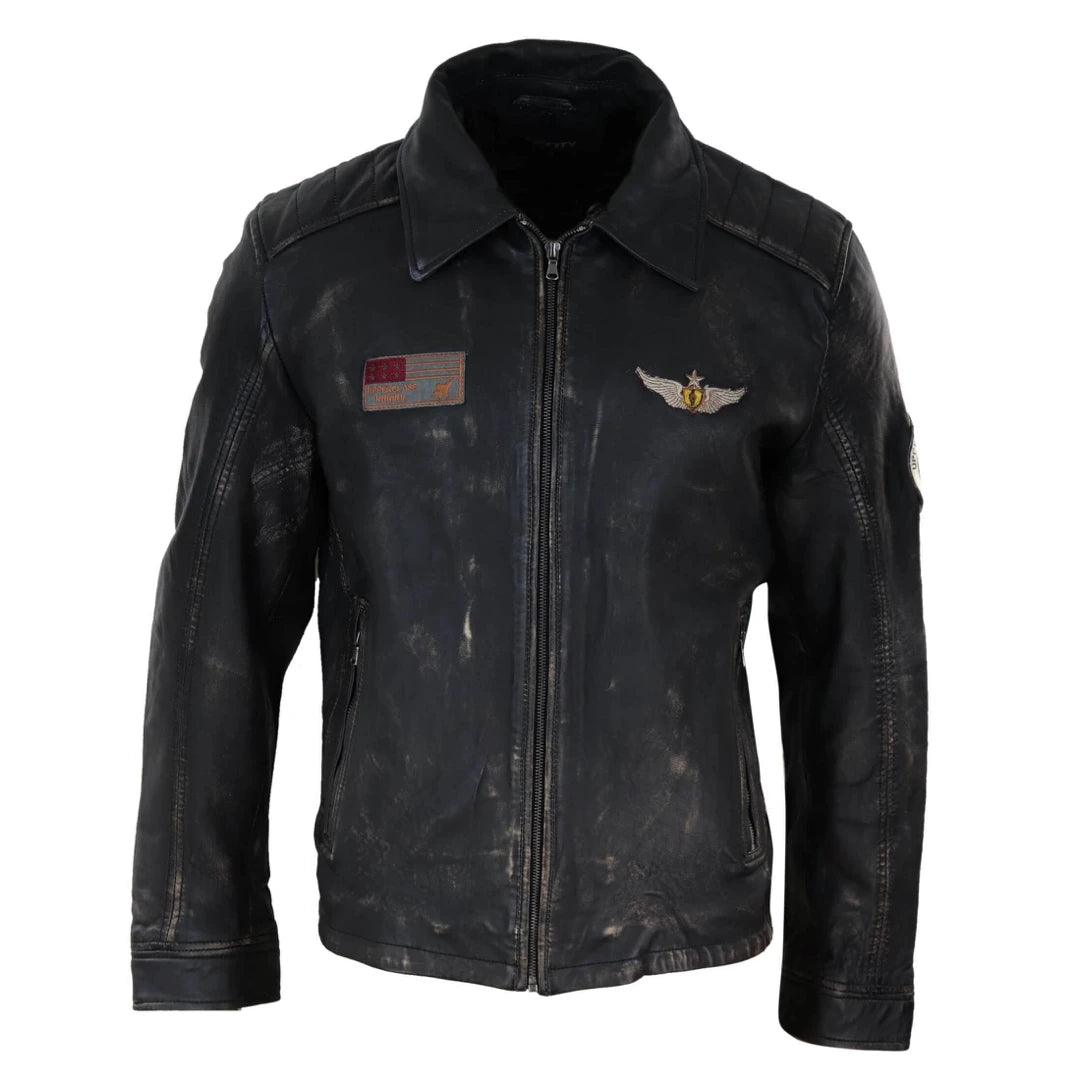 Mens Vintage Black Brown Zip Flying Aviator Jacket Fur Collar Badge Pilot Retro - Knighthood Store