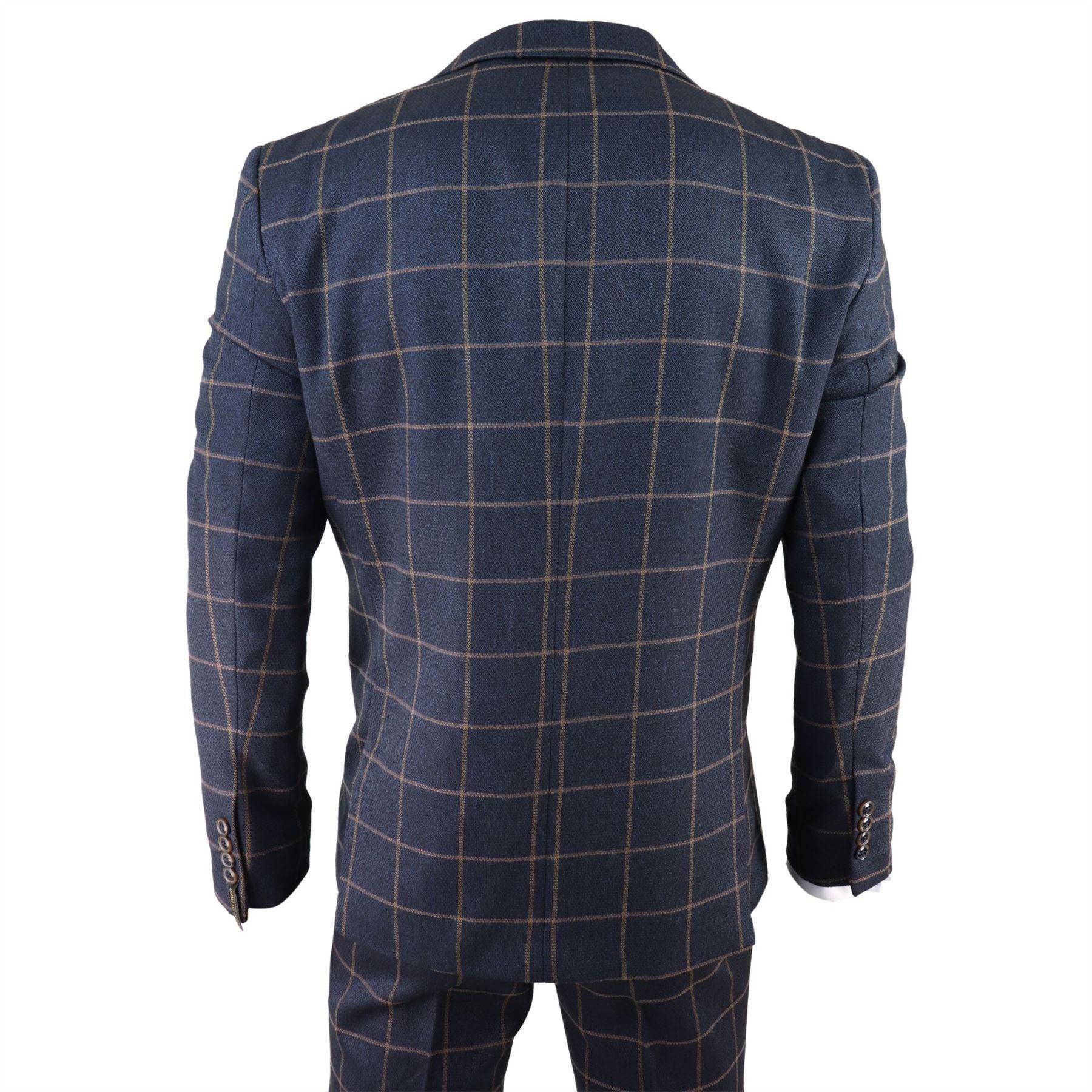Mens Herringbone Tweed Navy Blue Check 3 Piece Wool Suit Tan - Knighthood Store