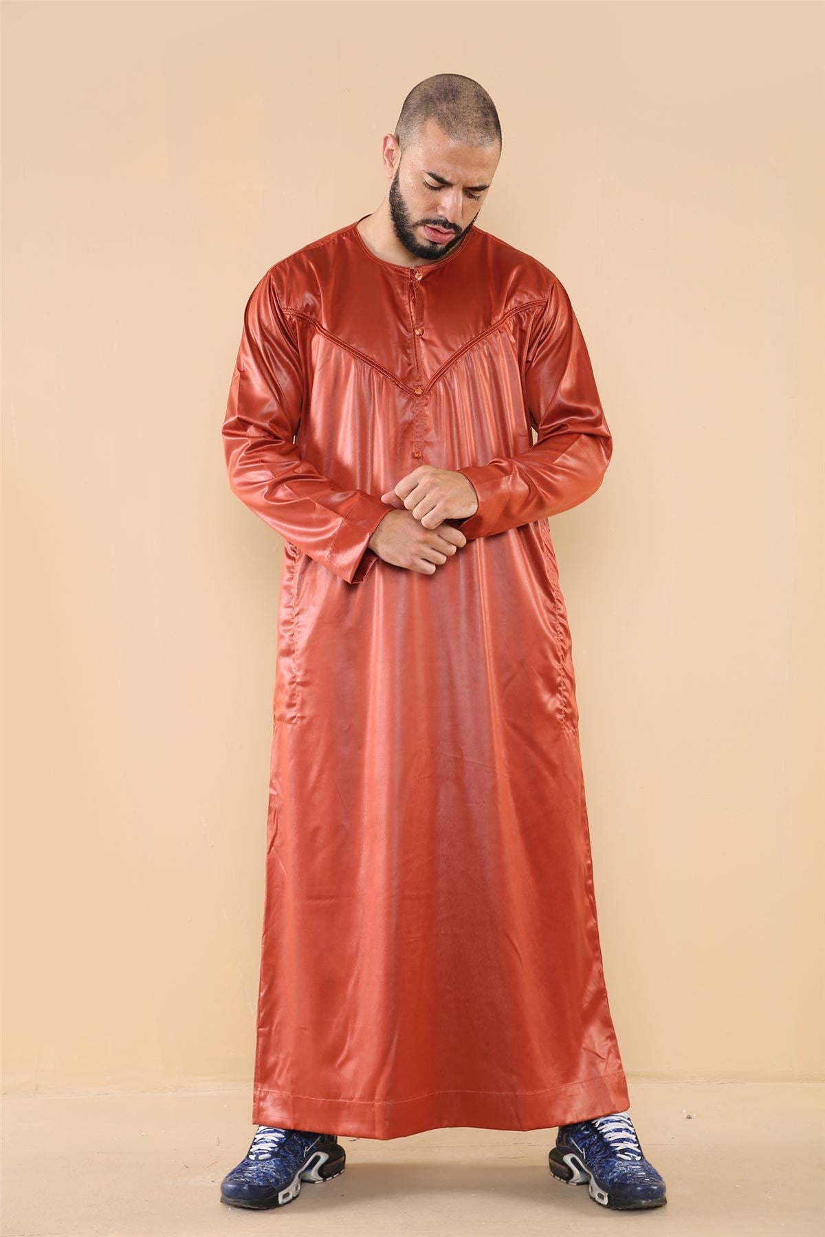 Mens Thobe Jubba Islamic Clothing Muslim Kaftan Emirati Omani Robe Satin Shiny